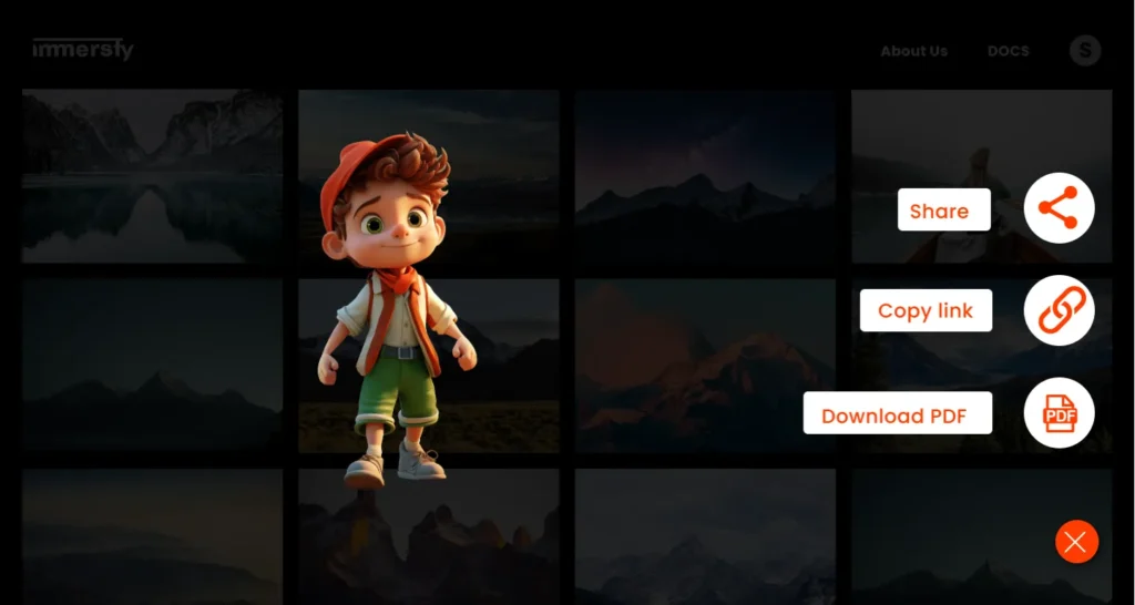 Immersfy AI character generator screen showing a cartoon boy character with export options including share, copy link, and download PDF, supporting PNG, JPG, and 3D/2D asset integration
