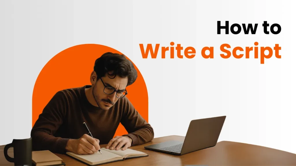 Focused man writing in a notebook with a laptop beside him, symbolizing the creative process of learning how to write scripts for movies or videos, ideal for beginners exploring scriptwriting and film script format.