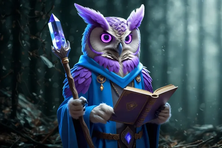 Magical owl character in blue robe holding a glowing staff and spellbook, created using Immersfy AI character maker for fantasy RPG game development