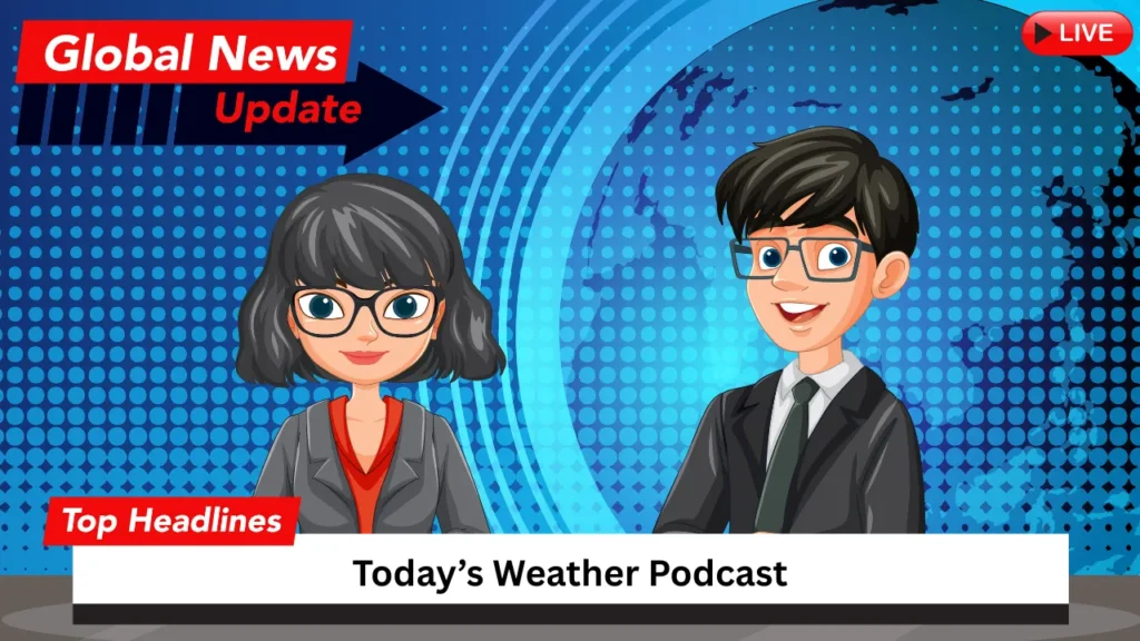 Cartoon-style storyboard scene depicting two news anchors presenting a weather podcast, used as a creative example of a television commercial storyboard that emphasizes brand tone and consistent visual storytelling.