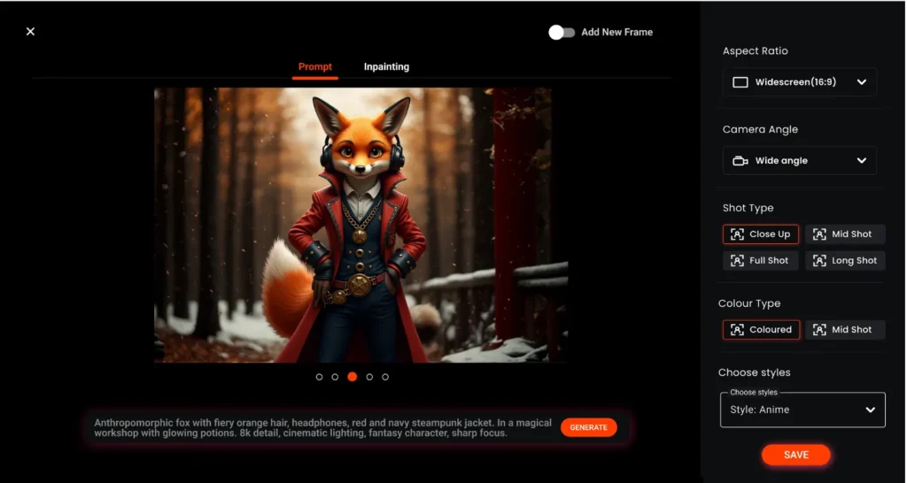 Screenshot of Immersfy’s online AI character generator showing an anthropomorphic fox in a steampunk jacket, with customization options for shot type, style, and camera angle