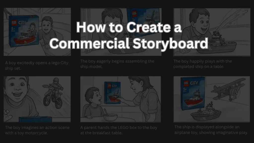 Storyboard for a LEGO commercial showing a boy receiving, assembling, and playing with a LEGO City ship set, illustrating how to create a compelling TV commercial storyboard for product-based advertising.