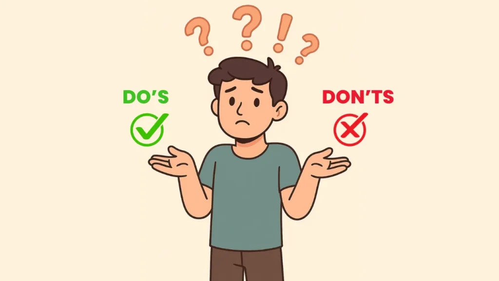 Confused cartoon man standing between “Do’s” with a green checkmark and “Don’ts” with a red cross, highlighting common mistakes and best practices in script writing for beginners learning proper film script format.