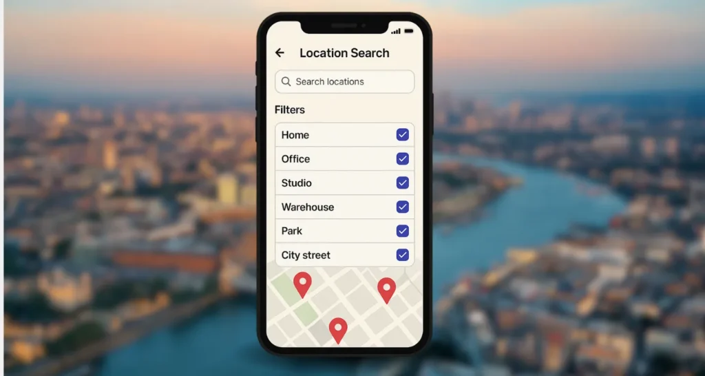 Mobile screen displaying location search filters for home, office, studio, warehouse, park, and city street, showcasing advanced features of a top-rated location scouting app for film and video productions.