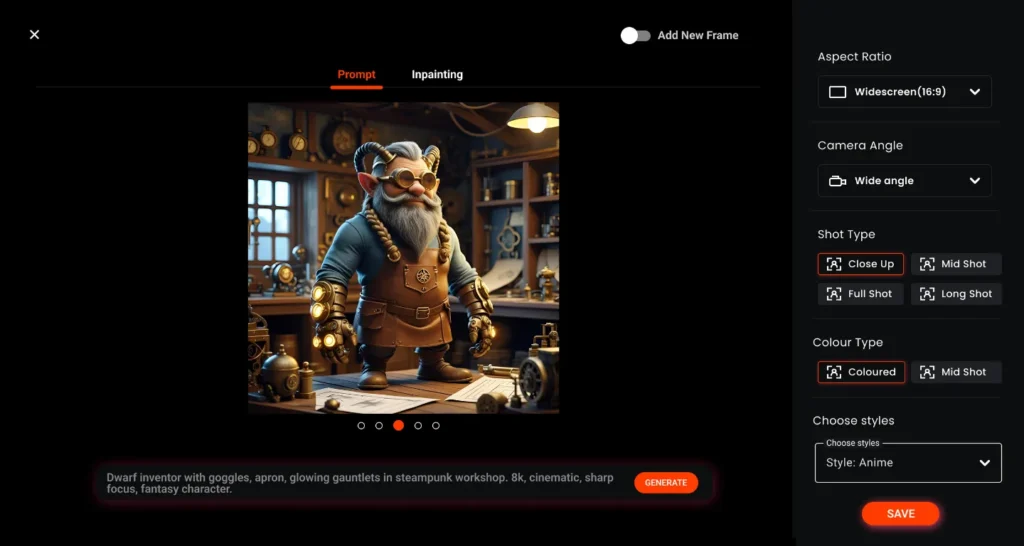 Immersfy character generator interface showing a dwarf inventor with goggles and glowing gauntlets in a steampunk workshop, highlighting instant AI character creation features