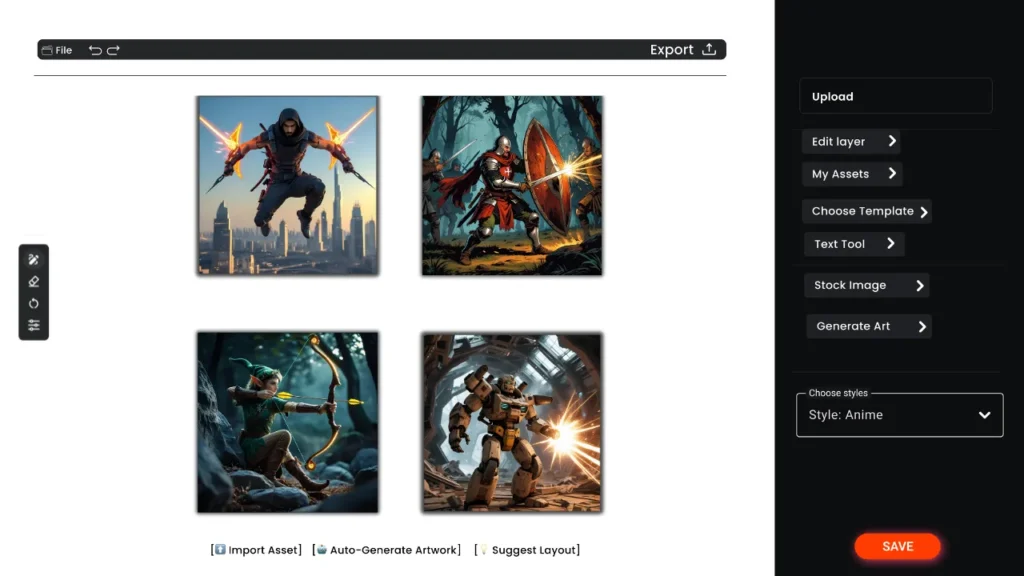 Digital storyboard editor displaying fantasy and sci-fi game character artworks, including a futuristic assassin, medieval knight, elven archer, and battle mech—highlighting how modern tools help visualize gaming storyboards for immersive storytelling.