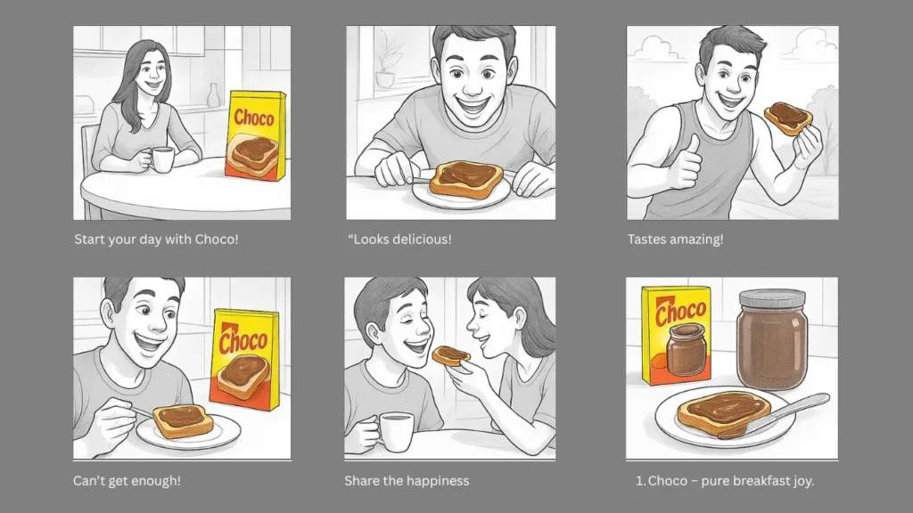 Sample TV commercial storyboard showing various scenes of people enjoying Choco breakfast spread on toast, highlighting product appeal, emotional engagement, and brand messaging in a commercial storyboard.