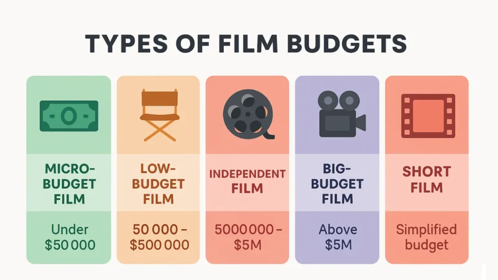 Infographic showing five types of film budgets: micro-budget film under $50,000, low-budget film ($50,000–$500,000), independent film ($500,000–$5M), big-budget film (above $5M), and short film with a simplified budget, helping filmmakers choose the right movie budget template.