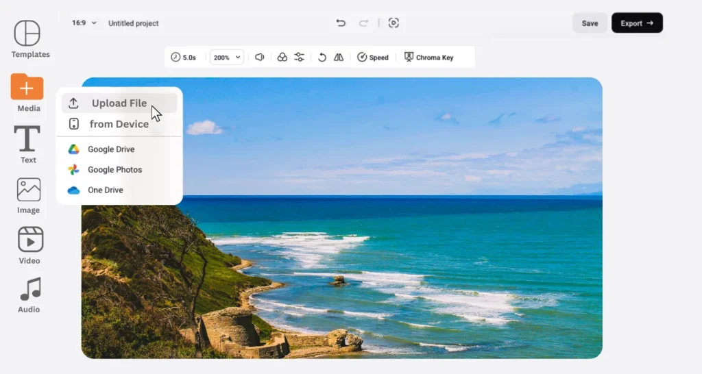 Video editing interface showing media upload options with a scenic coastal photo, highlighting how location scouting software allows teams to upload and manage photos, 360° tours, and drone footage efficiently.